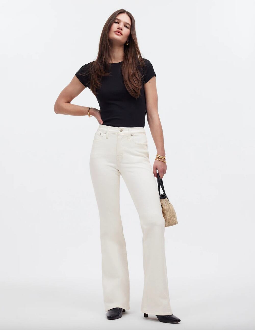 Madewell Flea Market Flare Jeans Tile White Mid Rise 70s Boho Stretch US 31 NWT